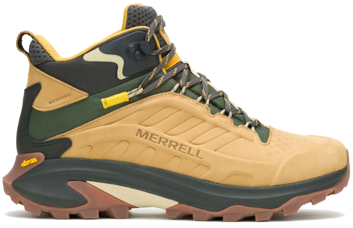 Tan-colored hiking boot with green and black accents, featuring a waterproof label and 'MERRELL' text on the side.