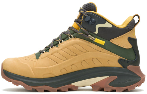 Hiking boot: a mid-height boot in tan with a green trim, camouflage accents near the top, a lugged brown outsole and yellow accents.