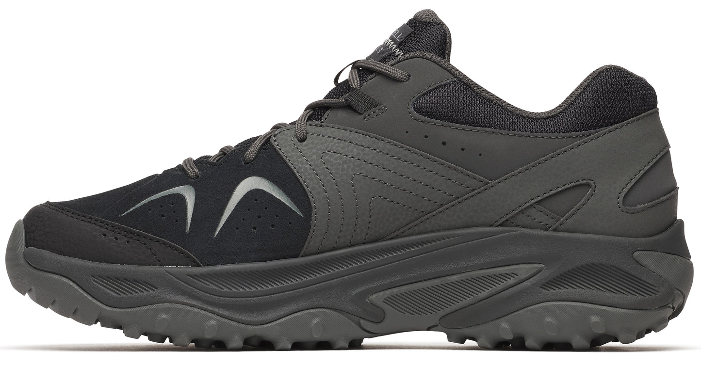 Low top hiking shoe with black mesh toe, dark gray accents, and thick, ridged sole.