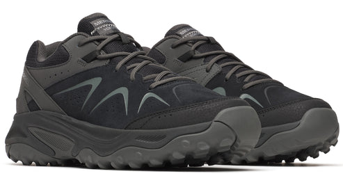 Pair of black and gray low top hiking shoes.