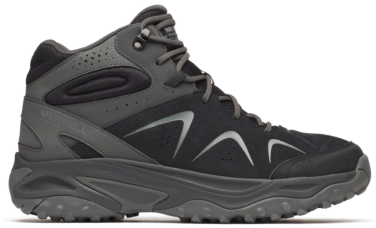 A mid-height, black and gray hiking boot with laces and a thick, lugged sole.