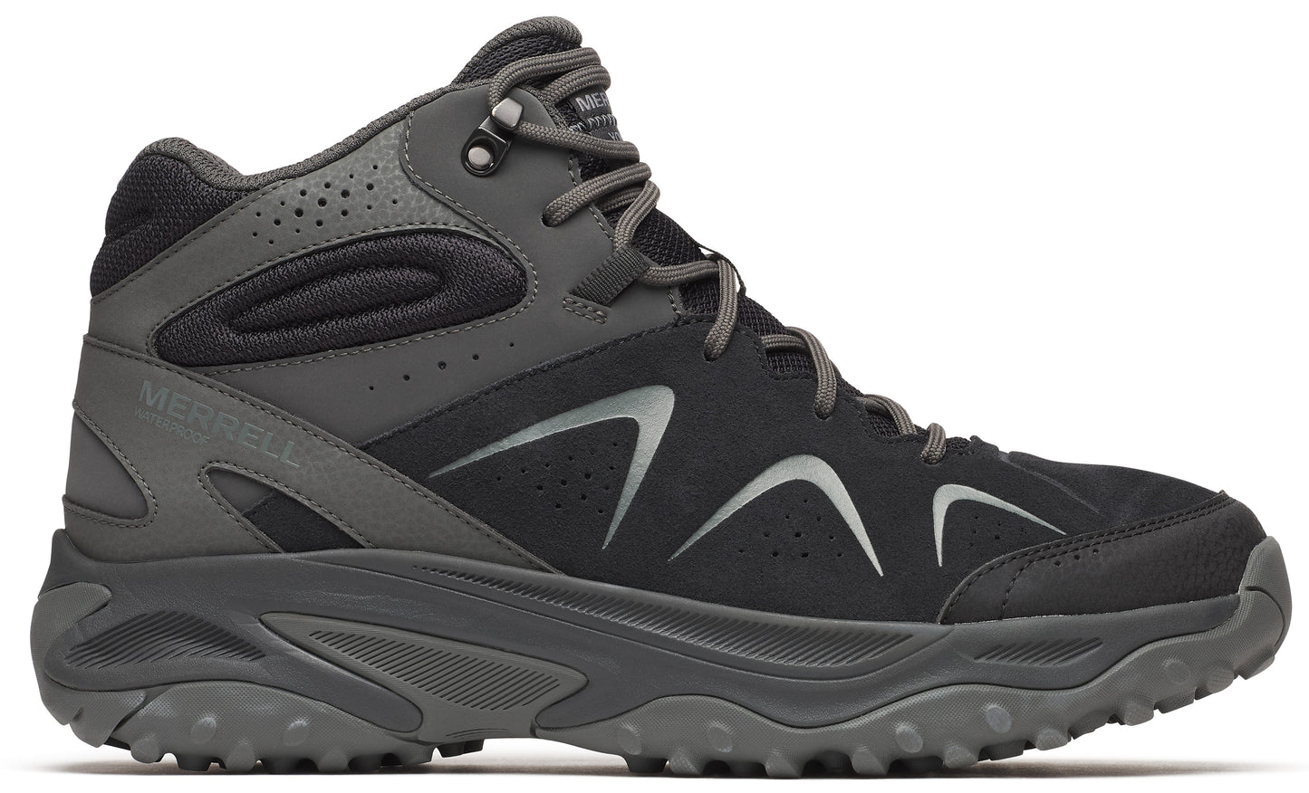 A mid-height, black and gray hiking boot with laces and a thick, lugged sole.