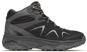 A mid-height, black and gray hiking boot with laces and a thick, lugged sole.