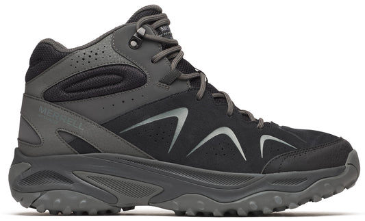 A mid-height, black and gray hiking boot with laces and a thick, lugged sole.
