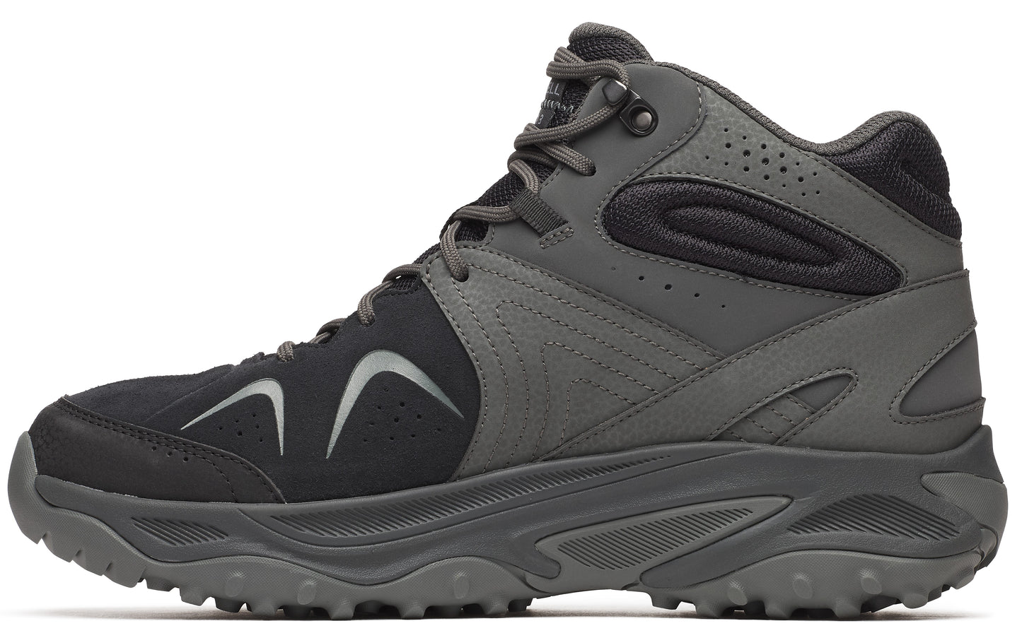 Gray and black hiking boot with a high ankle and rubber sole.