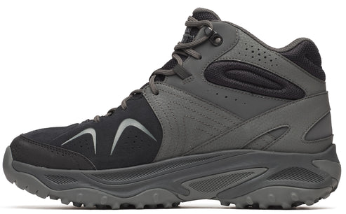 Gray and black hiking boot with a high ankle and rubber sole.