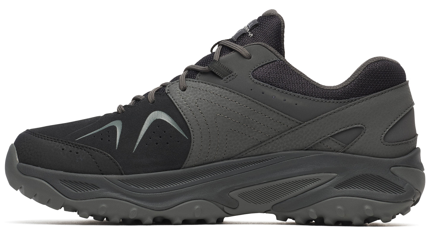 A black and dark gray trail shoe with a lugged sole.