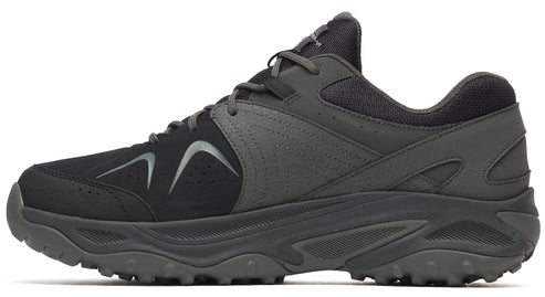 A black and dark gray trail shoe with a lugged sole.
