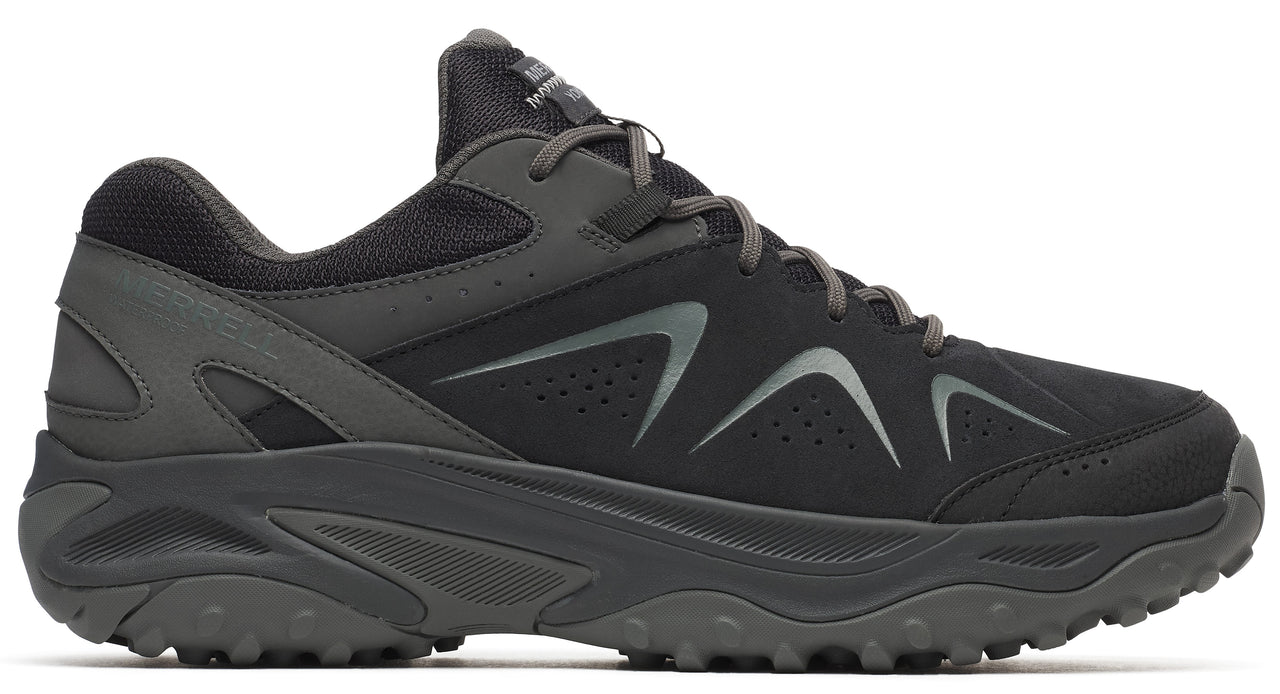 A dark gray running shoe with a thick treaded sole and a silver design on the side.