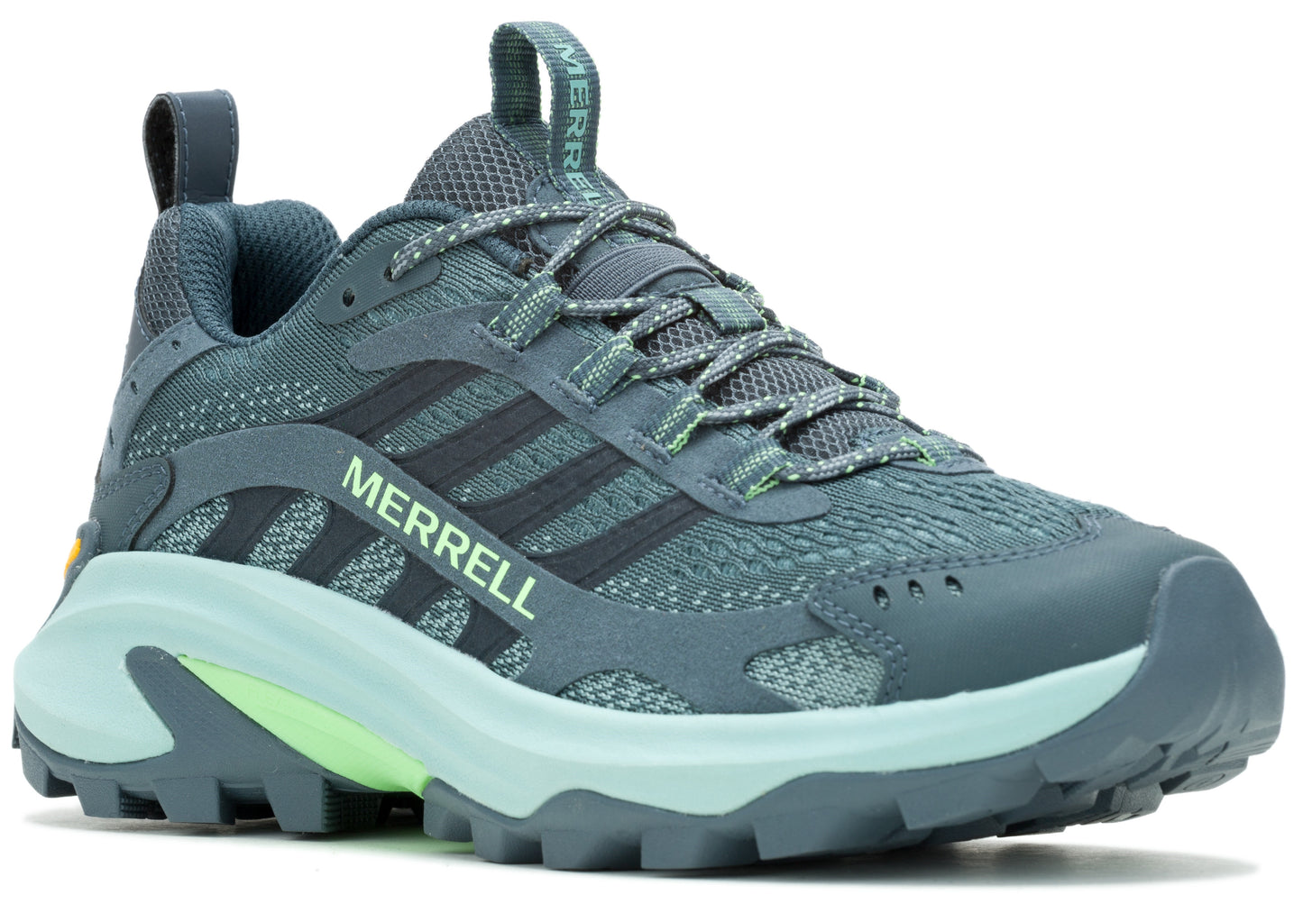 Teal low-top sneaker with light green sole and "MERRELL" written on the side.