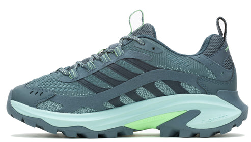 A gray athletic shoe with three dark gray stripes and a light green sole.