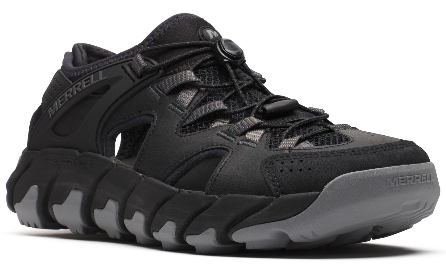 Black athletic sandal with bungee lacing and gray sole. "MERRELL" visible on the side.