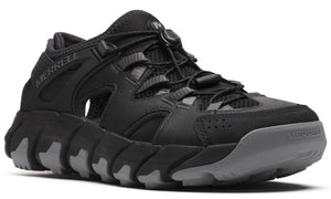 Black athletic sandal with bungee lacing and gray sole. "MERRELL" visible on the side.