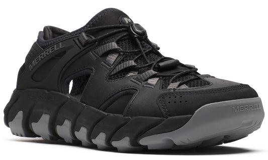 Black athletic sandal with bungee lacing and gray sole. "MERRELL" visible on the side.