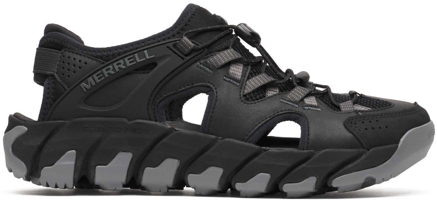 A black sport sandal with a toggle closure and a thick sole with grey accents.