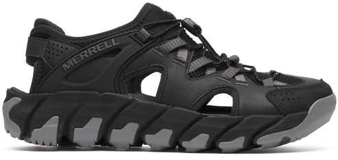 A black sport sandal with a toggle closure and a thick sole with grey accents.
