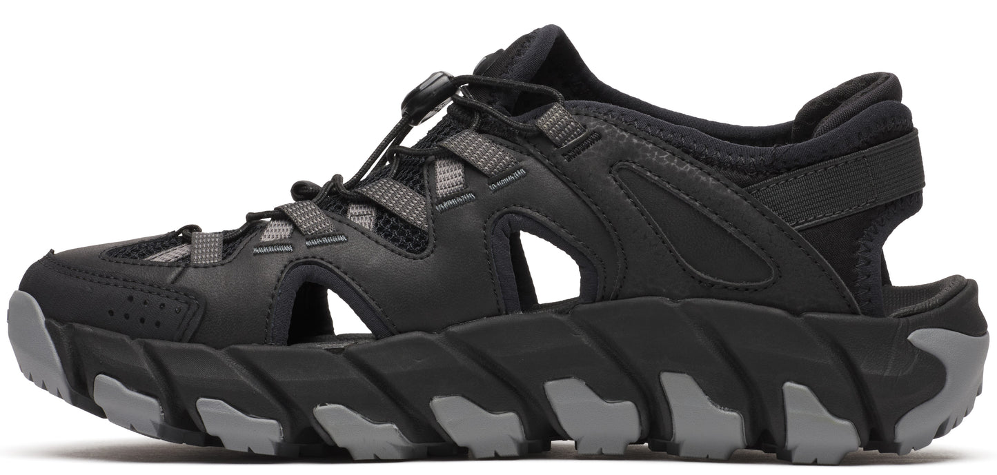 A black sandal with gray accents and an adjustable toggle.