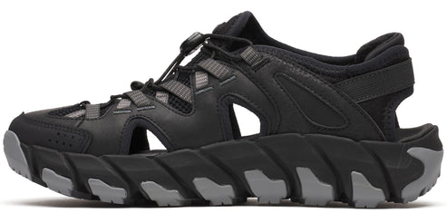 A black sandal with gray accents and an adjustable toggle.