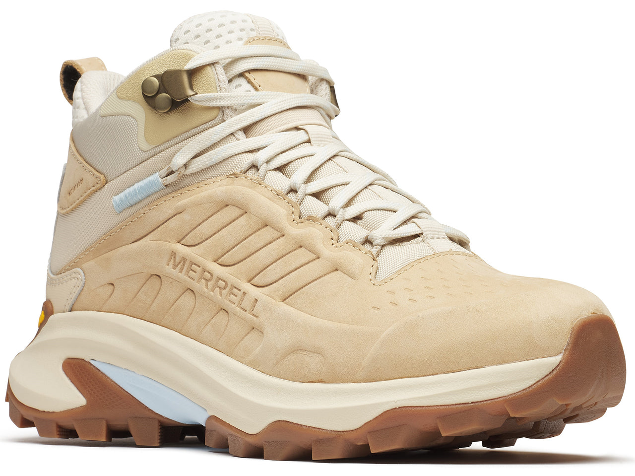 Beige hiking boot with tan accents, high top, and lug sole. The word MERRELL is visible on the side.