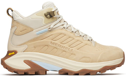 Tan hiking boot with Vibram sole, waterproof tag, and visible text 'MERRELL'.