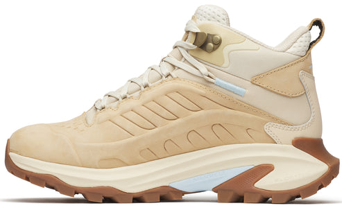 Tan-colored hiking boot with a lace-up closure, a thick, white midsole and brown outsole.