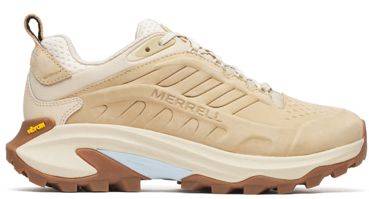 Tan hiking shoe with a thick, lugged brown sole, light blue midsole accent, and "MERRELL" branding on the side.