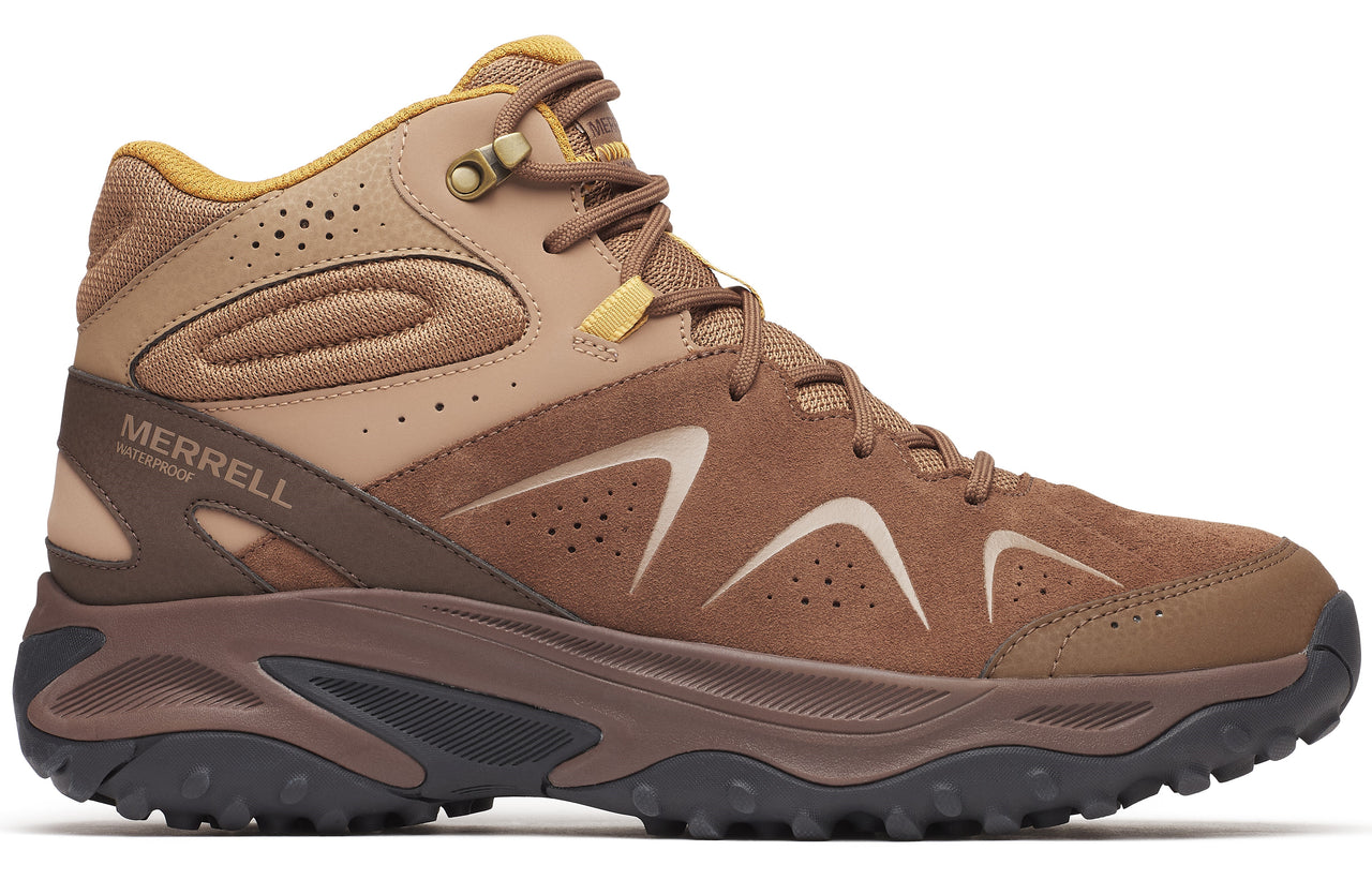 A brown and tan waterproof hiking boot with a high ankle and dark sole.