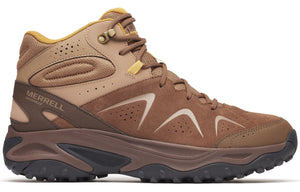 A brown and tan waterproof hiking boot with a high ankle and dark sole.