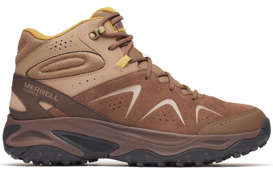 A brown and tan waterproof hiking boot with a high ankle and dark sole.