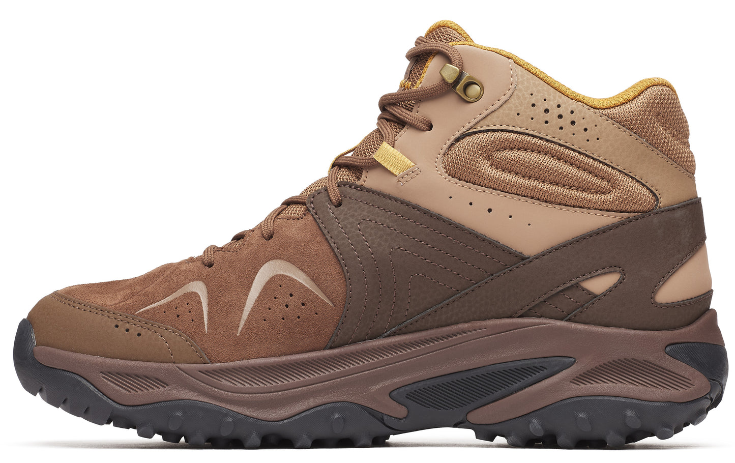 Brown hiking boot with dark brown trim.