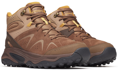 Hiking boots in brown and tan with visible laces and treaded soles.