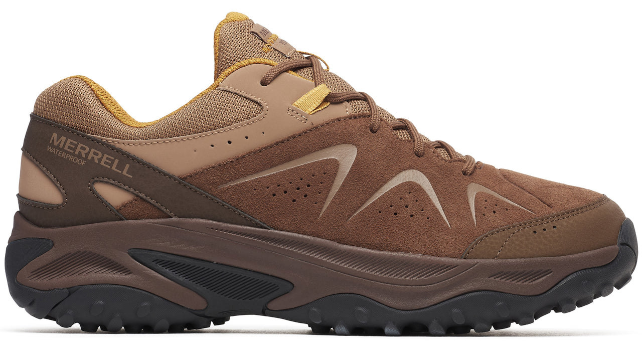 A brown hiking shoe with dark brown sole, tan upper, and 'MERRELL WATERPROOF' printed on the side.