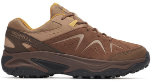 A brown hiking shoe with dark brown sole, tan upper, and 'MERRELL WATERPROOF' printed on the side.