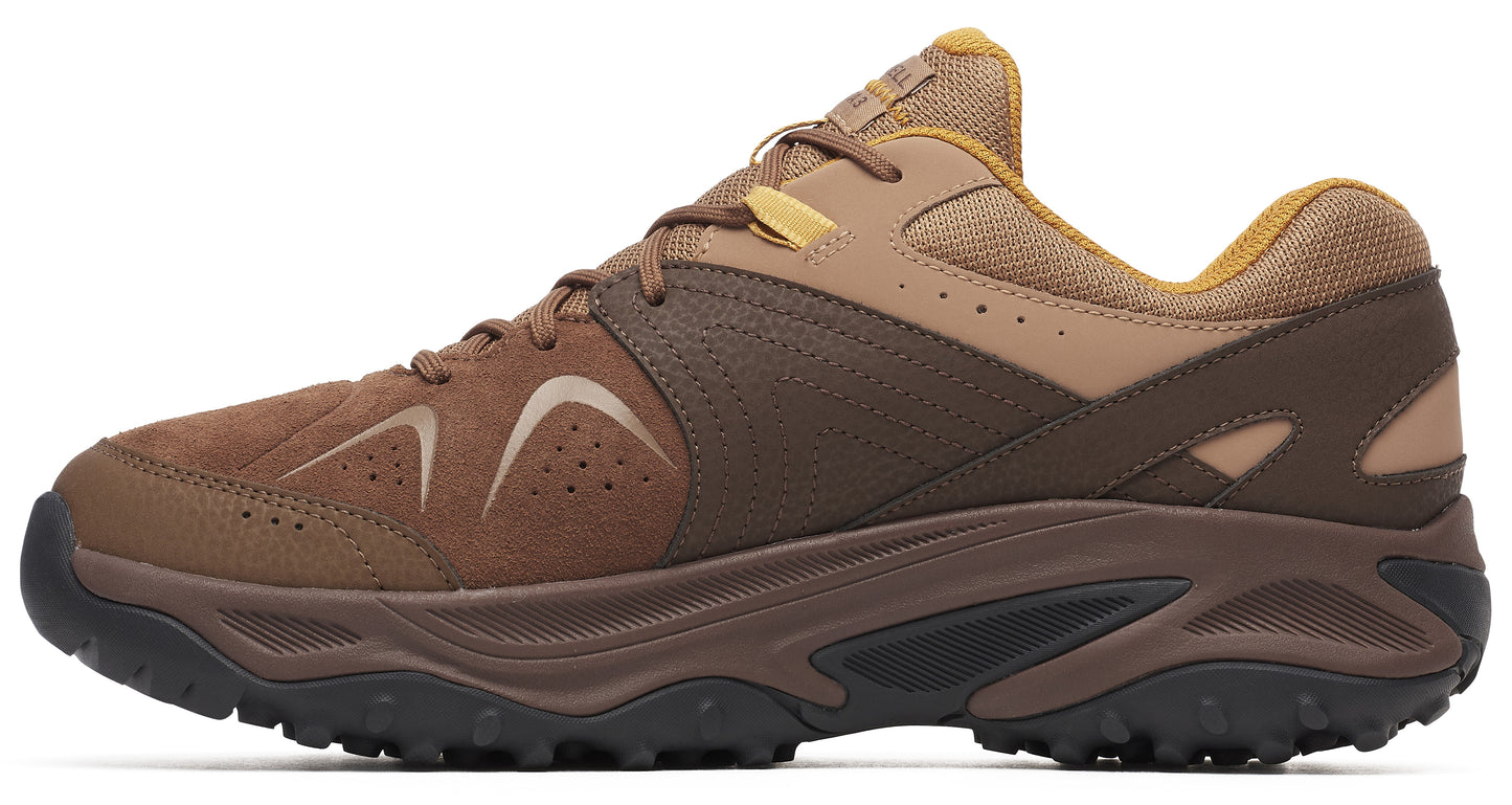 Brown athletic shoe with a thick sole and textured tread.