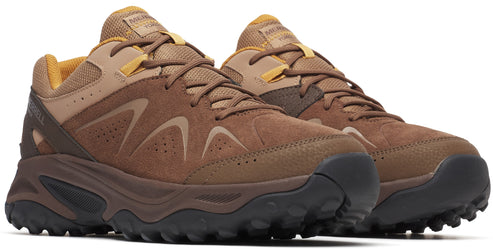 Two brown hiking shoes with a lace up design and a rubber sole.