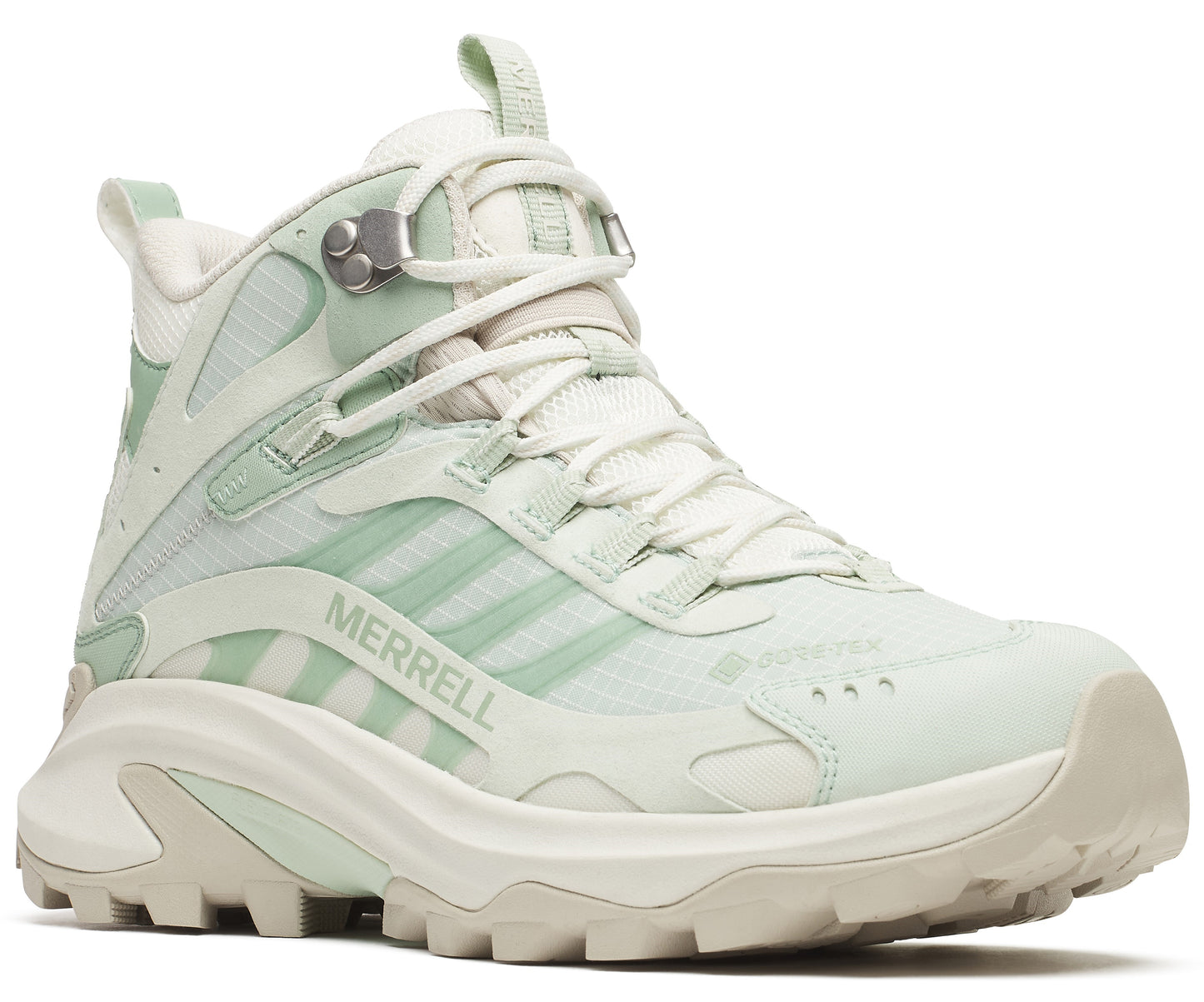 Light green hiking boot with white laces and chunky sole.