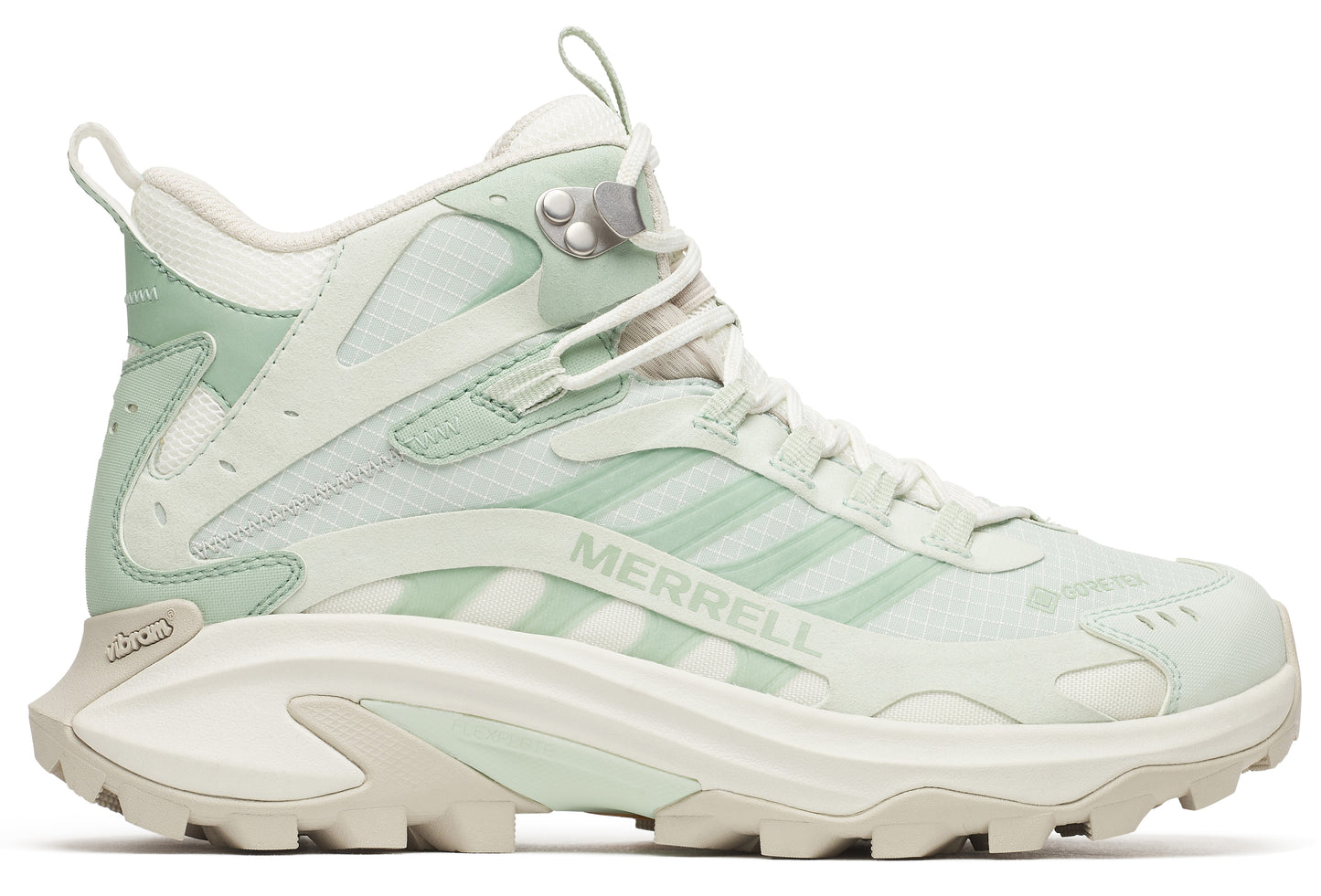 High-top sneaker in shades of white and green with the word "MERRELL" on the side.