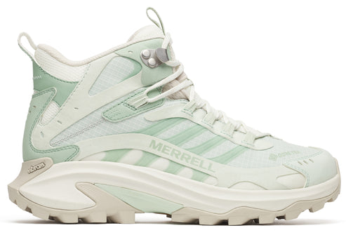 High-top sneaker in shades of white and green with the word "MERRELL" on the side.
