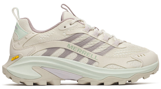 Off-white athletic shoe with the word "MERRELL" on the side and a light green sole.