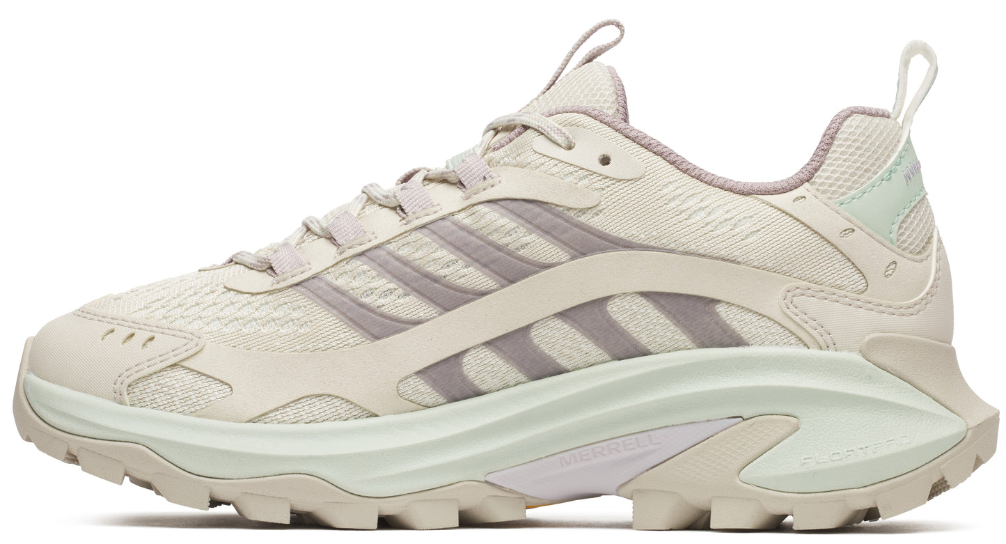Low profile athletic shoe in beige with three gray stripes on the side and a high traction sole.