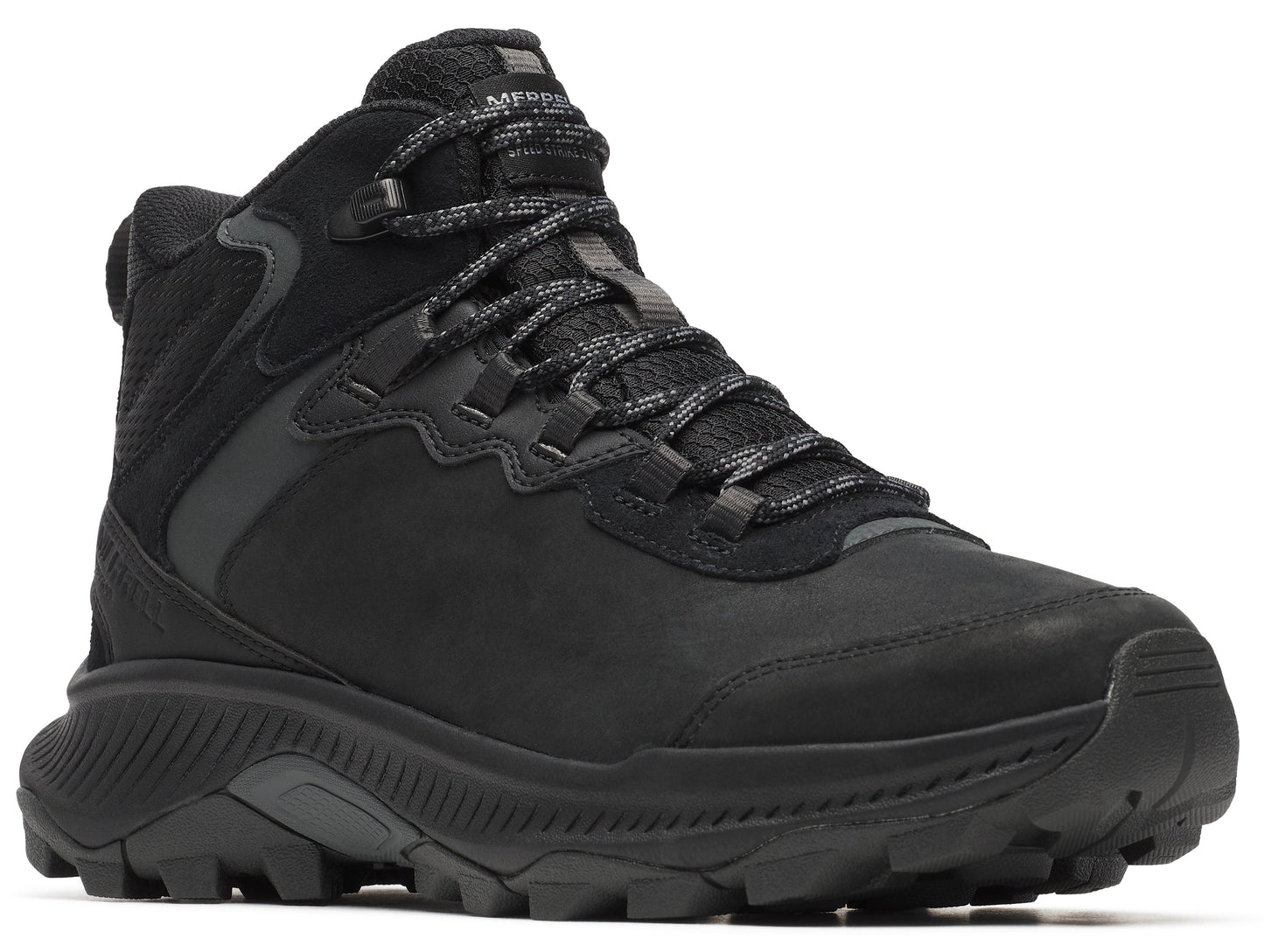Black hiking boot with laces, textured sole and padded collar.