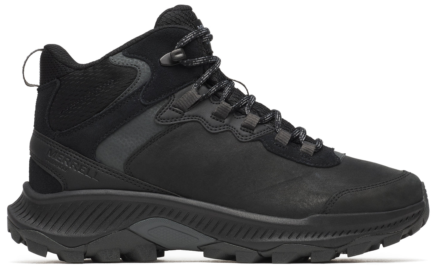 Black mid-height hiking boot with dark grey laces.