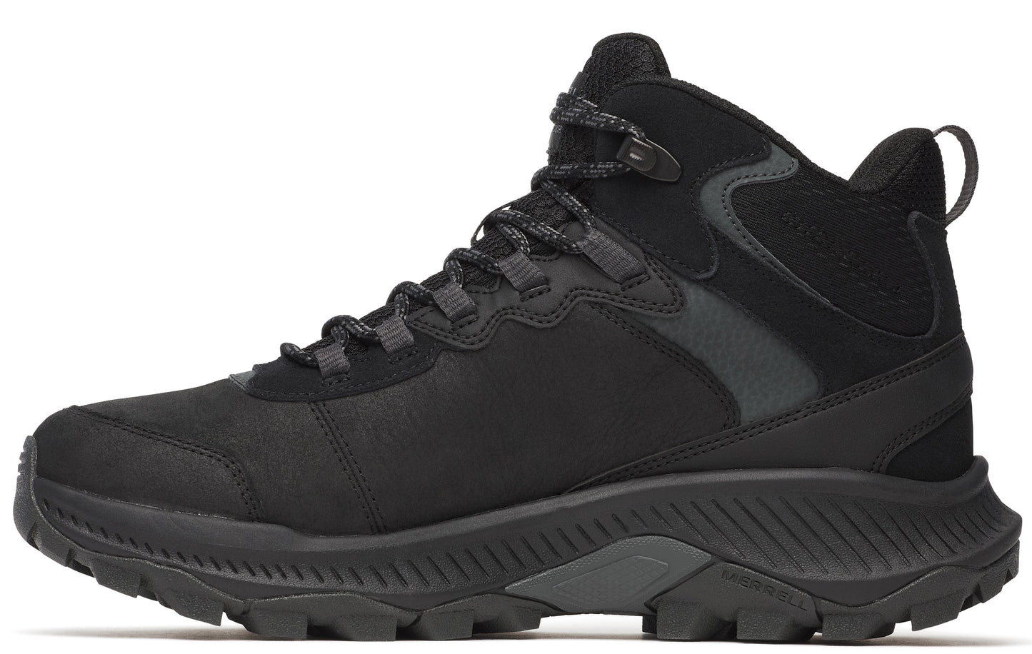 A black hiking boot with a textured sole and dark gray laces.