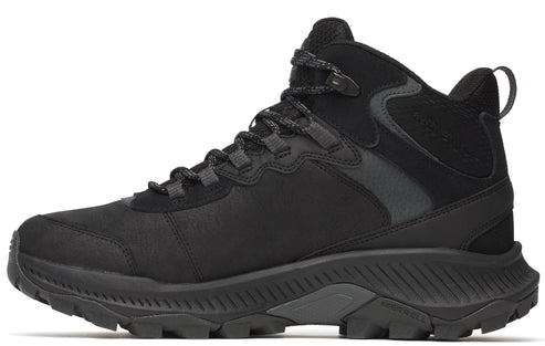 A black hiking boot with a textured sole and dark gray laces.