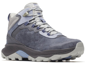 Blue, mid-height hiking boot with grey laces and light grey and light blue accents.