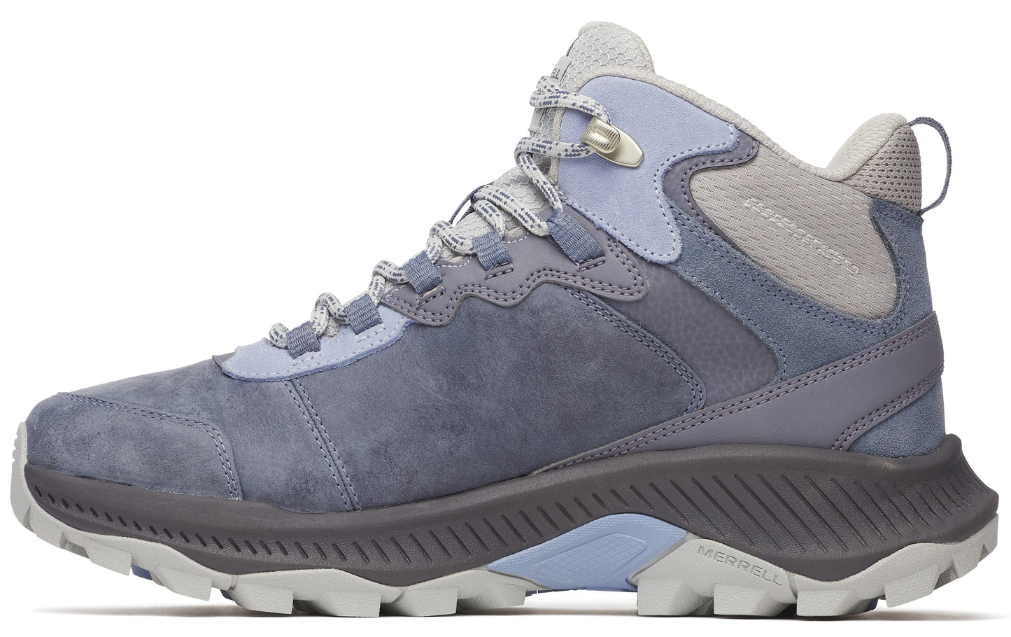 Side view of a hiking boot in shades of blue and gray with gray laces and lug sole.