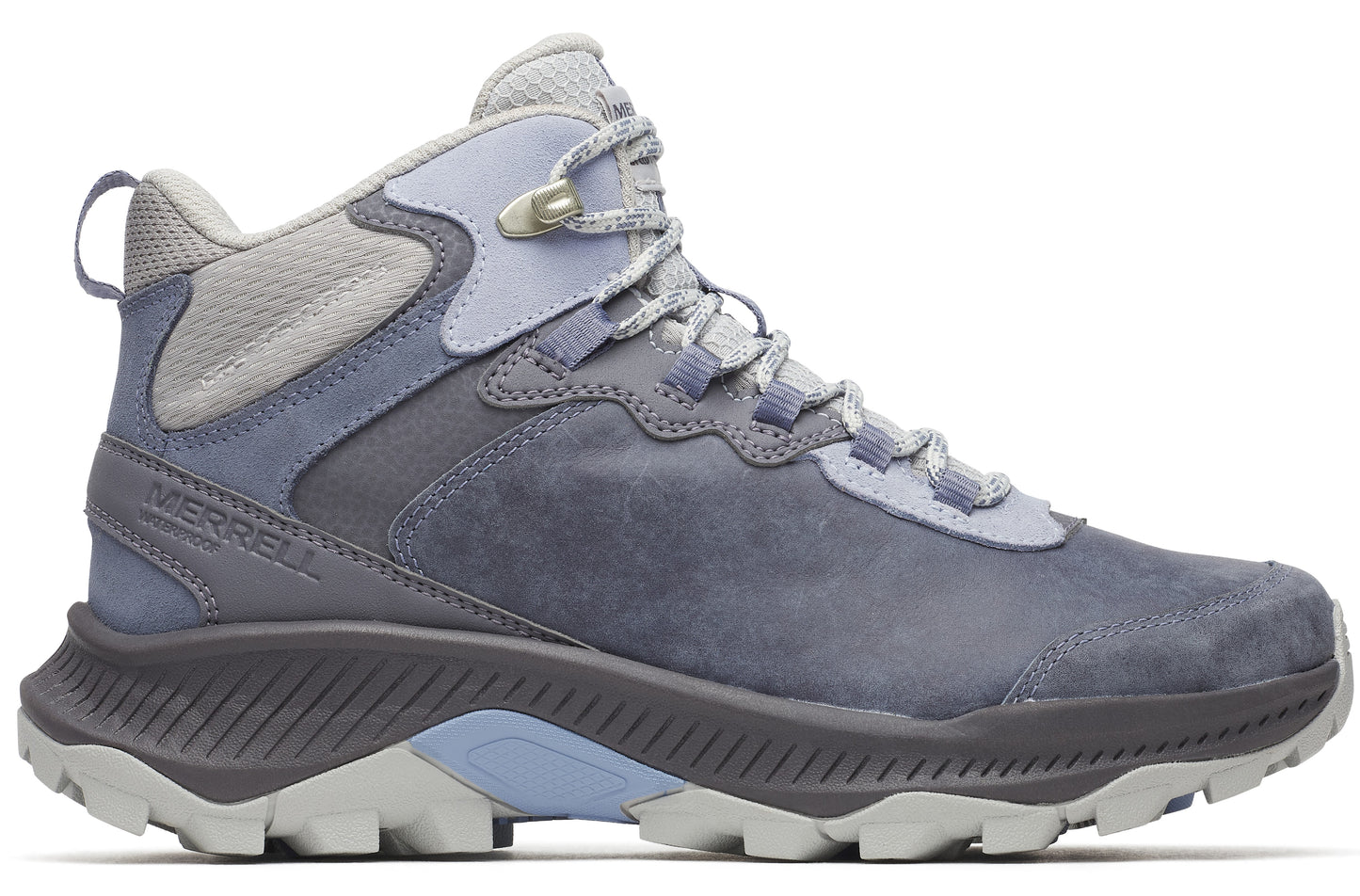 Hiking boot with grey, light blue, and silver accents.