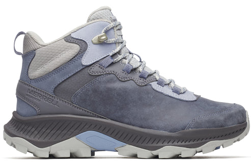 Hiking boot with grey, light blue, and silver accents.