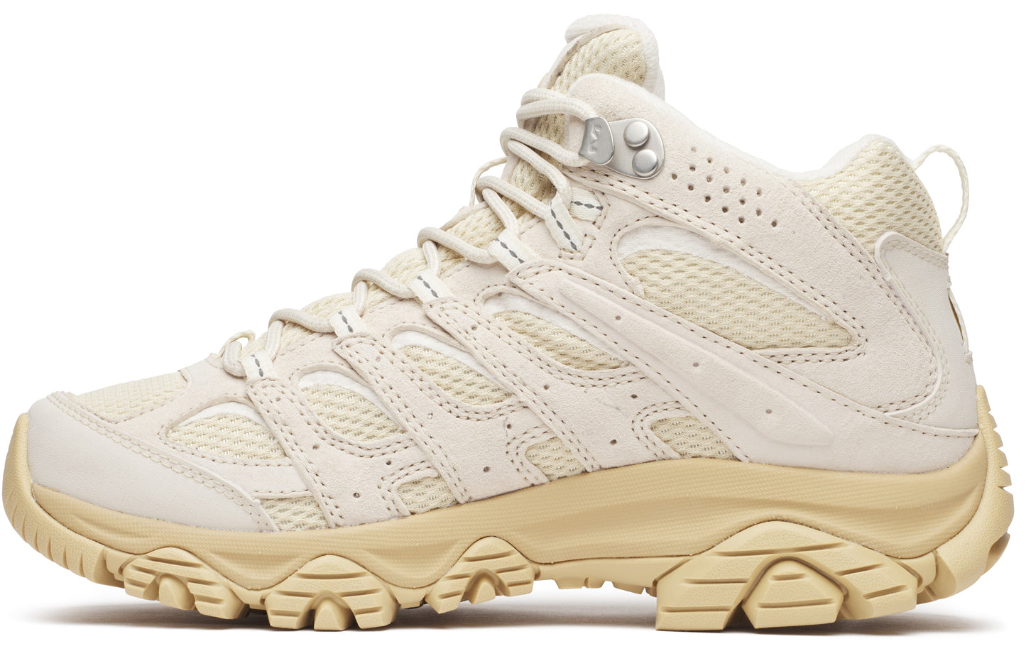 A light tan hiking boot with thick patterned soles and laces up the front.