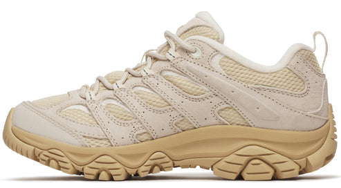 Tan low-top hiking shoe with tan sole, tan laces and tan mesh and suede upper.